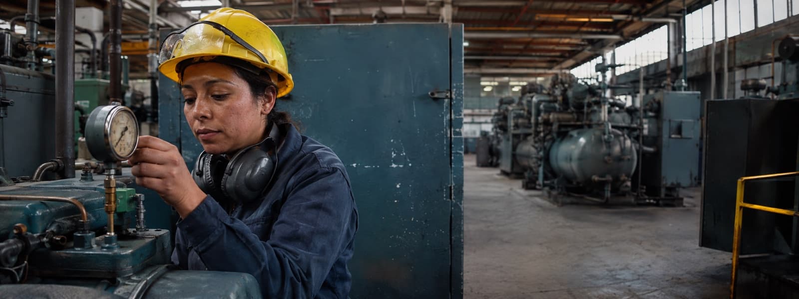 Técnica de mantenimiento con casco y protección auditiva revisando un manómetro en una planta industrial